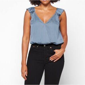 PAIGE Lunah Satin Flutter Strap Bodysuit in Flint Blue